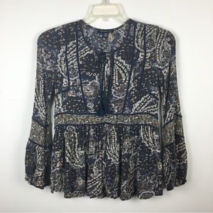 AEO Blue Paisley Peasant Blouse Top Bell Sleeve Tassel Tie Neck Velvet Trim XS